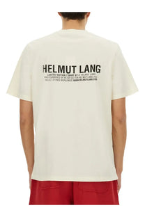 Cream-colored helmut lang limited edition t-shirt with bold black text printed on the back side