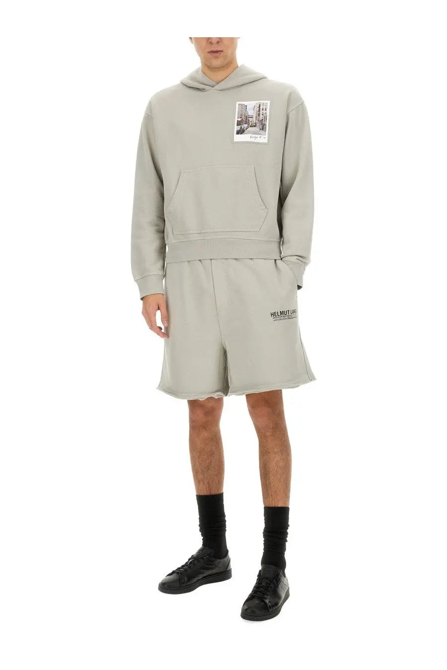 Helmut lang men’s postcard hoodie in light gray oversized fit with front pocket and black and white photo patch on chest