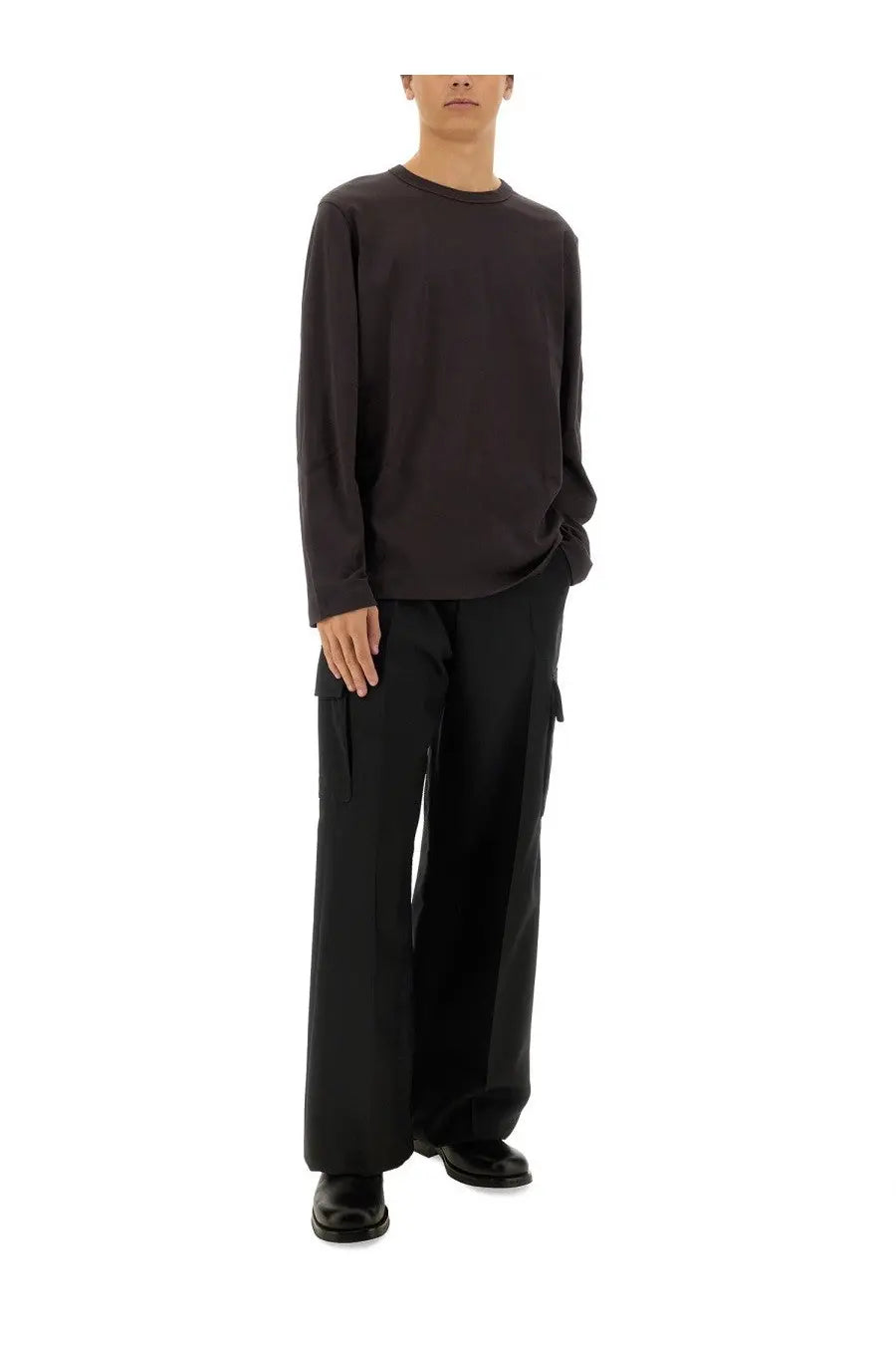 Helmut Lang men’s black long-sleeved crewneck shirt with relaxed fit and subtle side seam detail