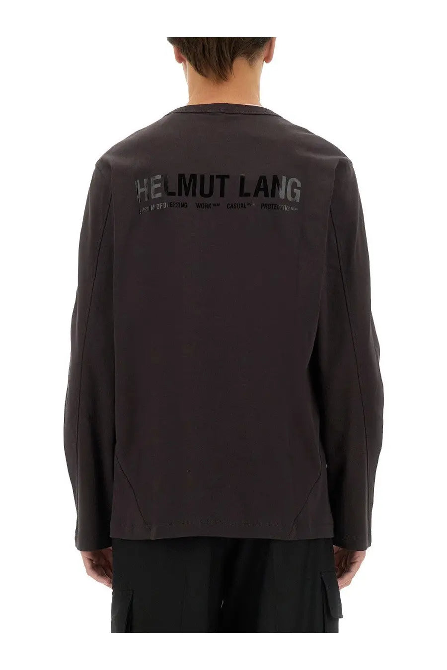 Back side of a dark gray helmut lang men’s long-sleeved jacket with helmut lang branding in black