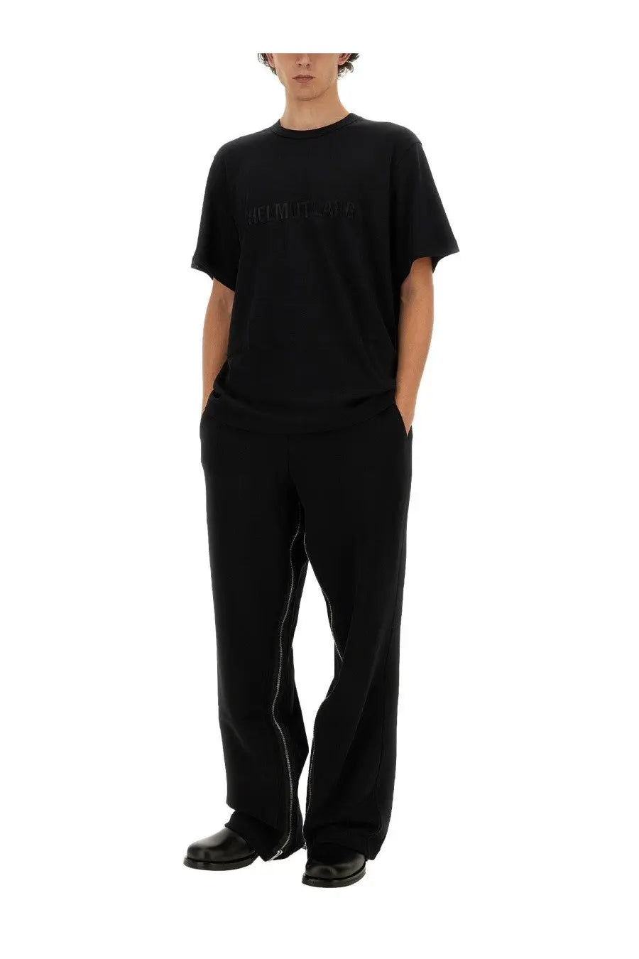 Helmut Lang men’s black t shirt with subtle embossed balenciaga logo across the chest in cotton material