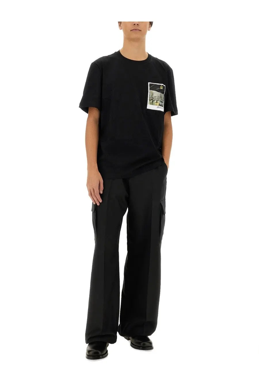 Helmut Lang men’s black short-sleeved t-shirt with rectangular graphic patch on left chest in cotton material