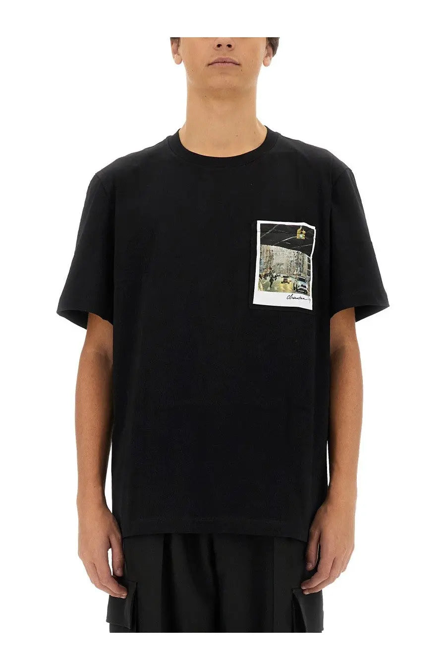 Helmut lang men’s black short-sleeved t-shirt with a photographic print and handwritten-style text on left chest pocket