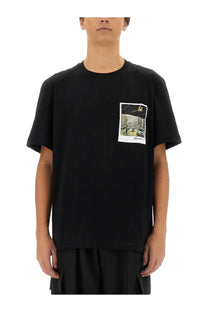 Helmut lang men’s black short-sleeved t-shirt with a photographic print and handwritten-style text on left chest pocket