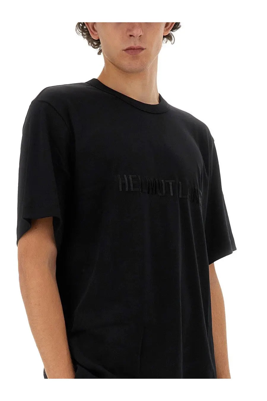 Helmut Lang men’s black short-sleeved t-shirt with subtle dark gray logo across the chest