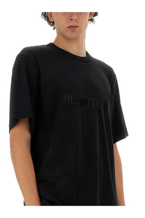Helmut Lang men’s black short-sleeved t-shirt with subtle dark gray logo across the chest