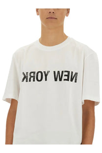 Helmut Lang men’s white cotton t-shirt with bold black New York lettering across the chest