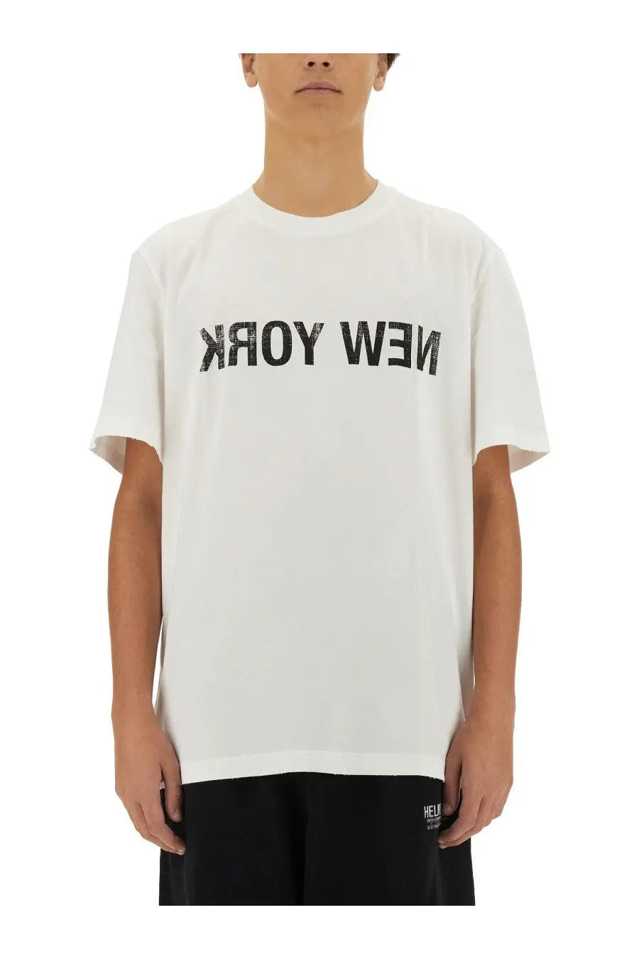 Helmut Lang men’s white cotton t-shirt with bold black new york lettering across the chest