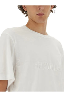 White cotton helmut lang men’s t-shirt with subtle embroidered lettering across the chest
