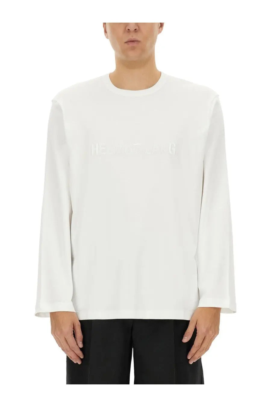Helmut lang men’s white long-sleeved crewneck shirt with subtle embroidered logo on chest in cotton fabric