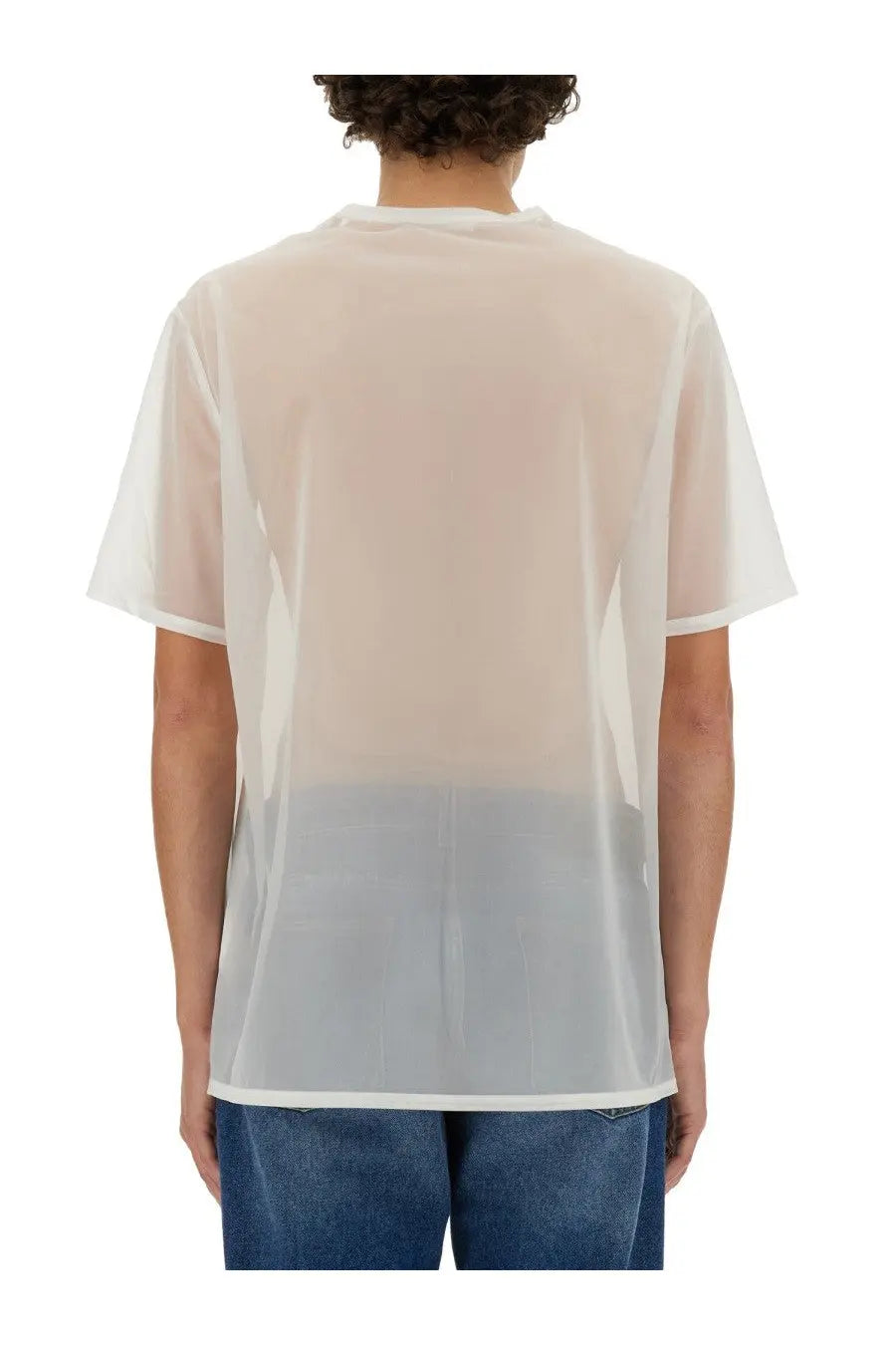 Helmut Lang men’s sheer white t-shirt with semi-transparent fabric and a subtle light gray gradient at the bottom