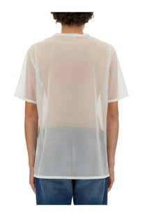 Helmut Lang men’s sheer white t-shirt with semi-transparent fabric and a subtle light gray gradient at the bottom