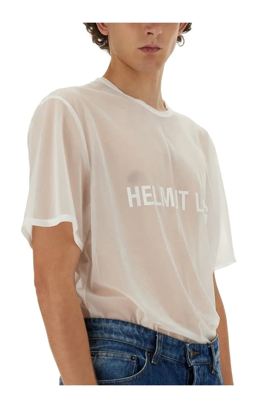 Helmut lang men’s sheer white t-shirt with bold minimalist helmut la logo in matching white across the chest