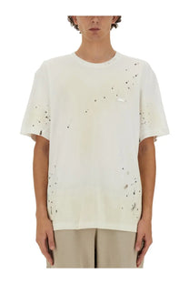 Off-white helmut lang men’s short-sleeved t-shirt with black paint splatter and silver chest patch