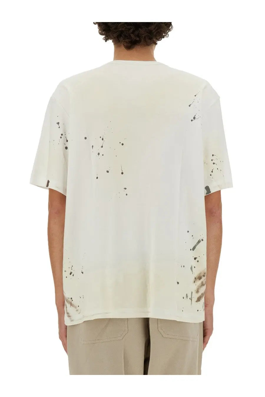 Helmut Lang men’s off-white short-sleeved t-shirt with black and brown distressed paint splatter design