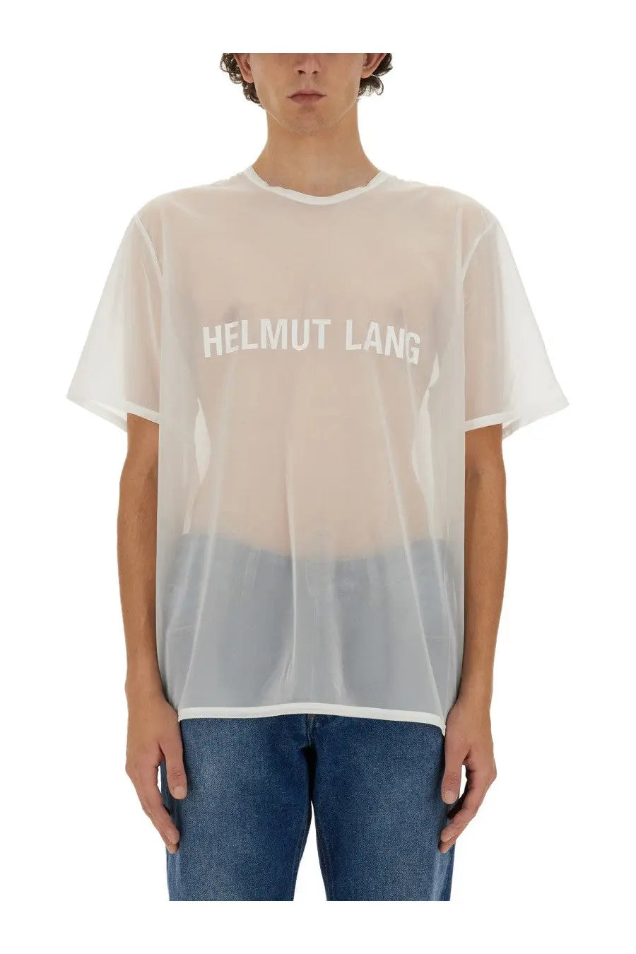 Helmut lang men’s shirt white translucent t-shirt with gradient effect fading to light gray at the hem