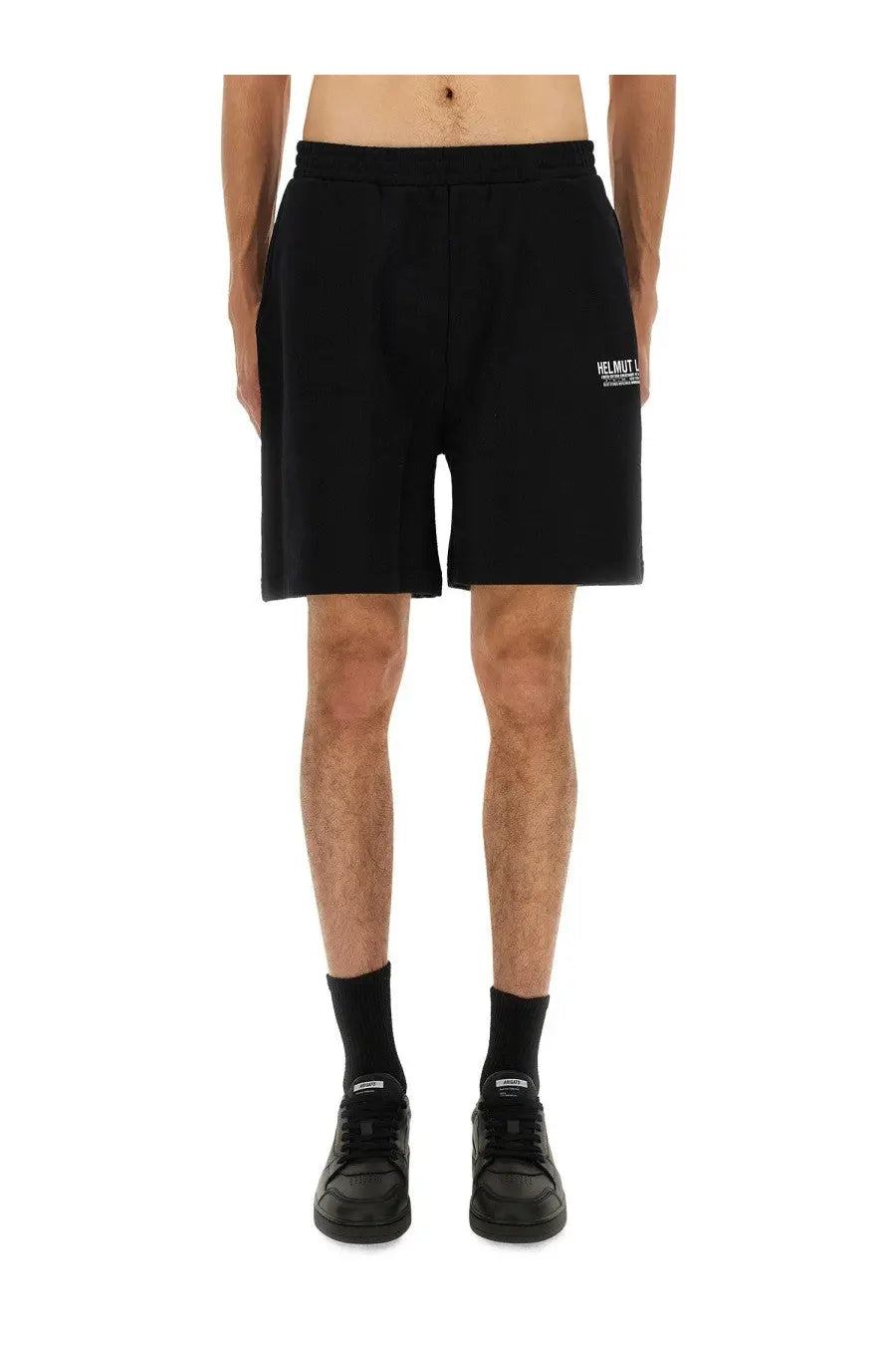 Helmut Lang men’s black cotton shorts with white logo on the left thigh for casual wear