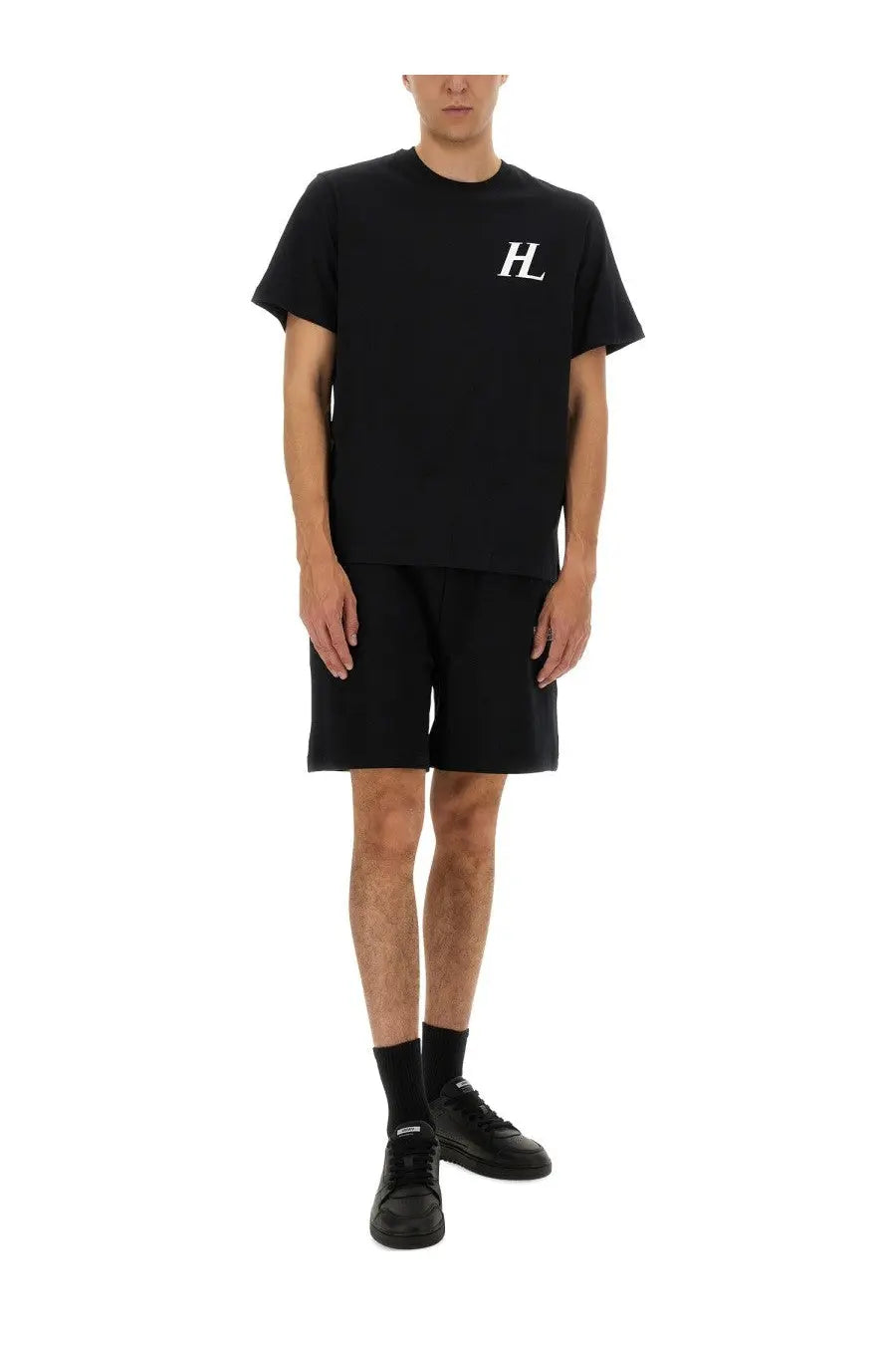 Helmut Lang men’s black short-sleeved t-shirt with white hl logo on chest in cotton material
