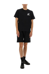 Helmut Lang men’s black short-sleeved t-shirt with white hl logo on chest in cotton material