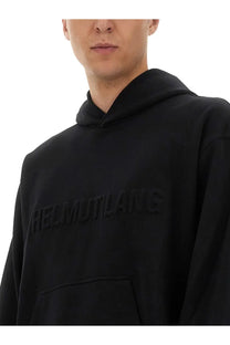 Black Helmut Lang men’s sweatshirt hoodie with subtle textured logo across the chest in soft fabric