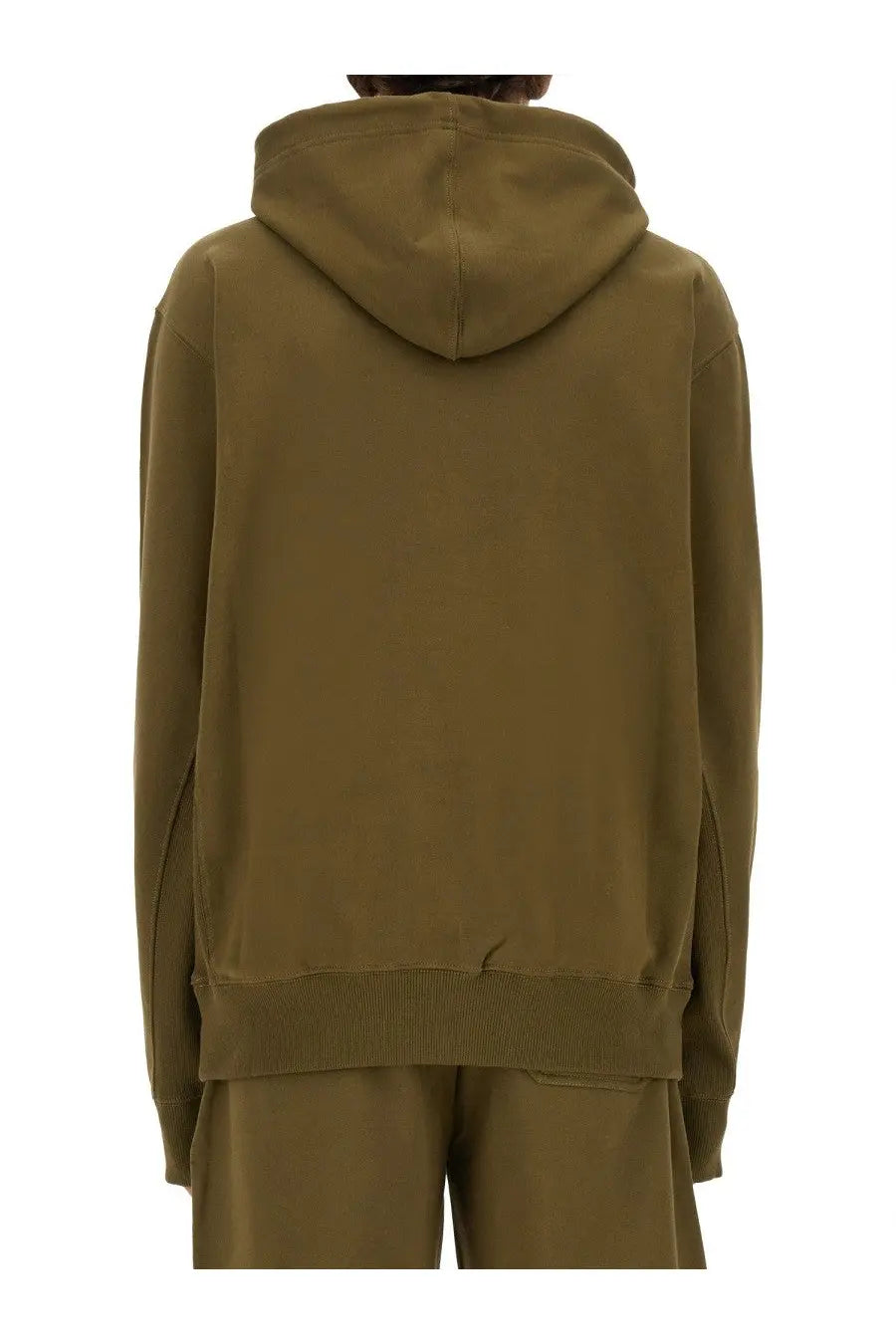 Helmut Lang men’s olive green hooded sweatshirt with ribbed cuffs and hem in a comfortable cotton blend