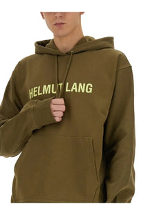 Helmut Lang men’s olive green hoodie with contrasting yellow lettering across the chest stylish sweatshirt design