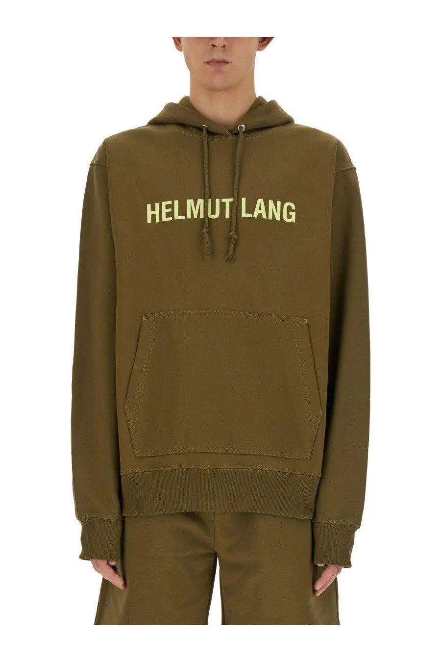 Helmut Lang men’s olive green hoodie with cream lettering across the chest for casual wear