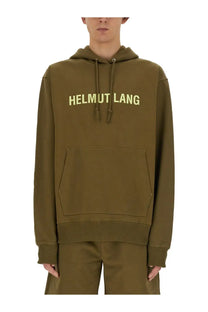 Helmut Lang men’s olive green hoodie with cream lettering across the chest for casual wear