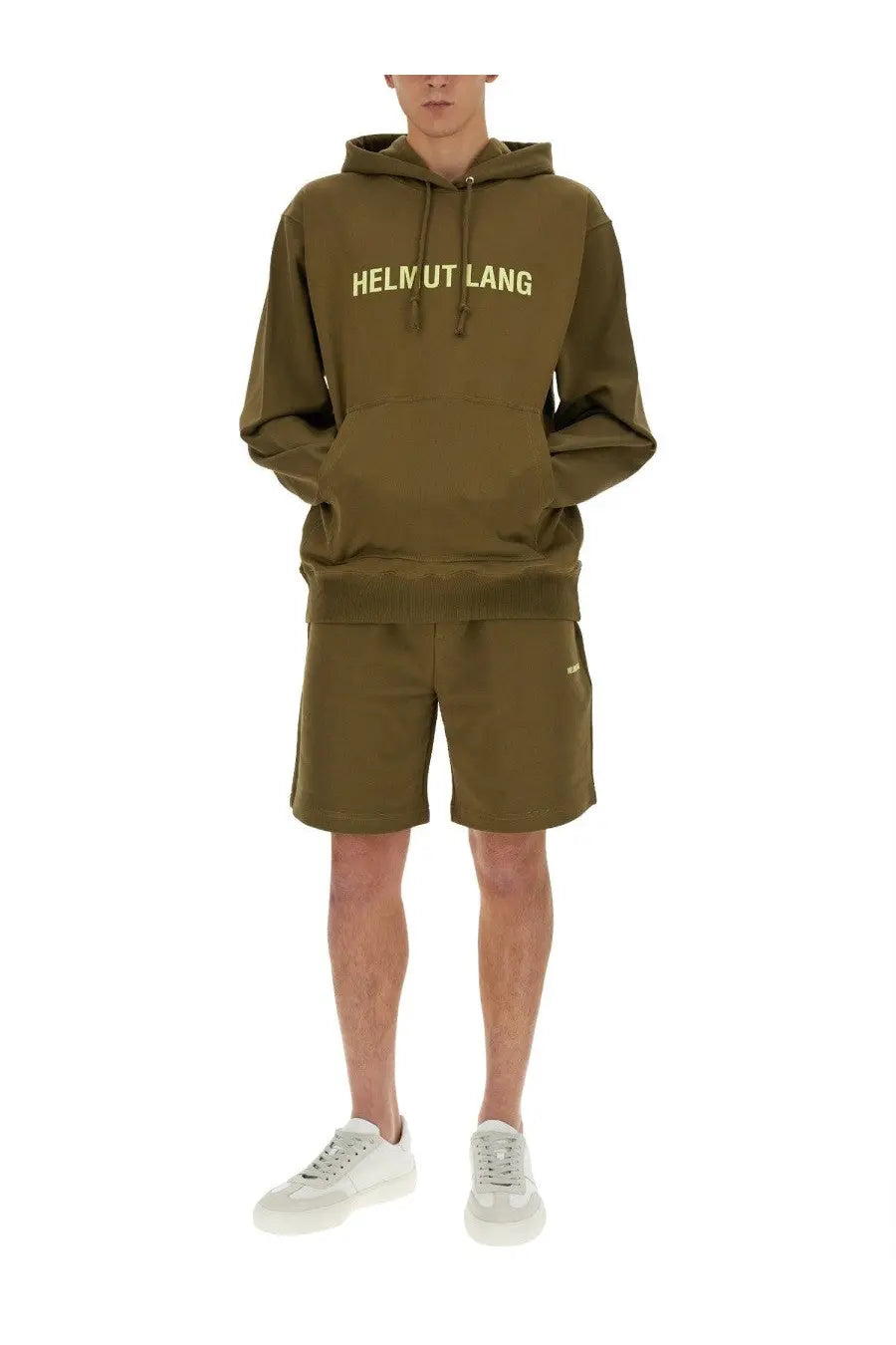 Olive green Helmut Lang men’s sweatshirt with cream-colored lettering across the chest in a casual hoodie style