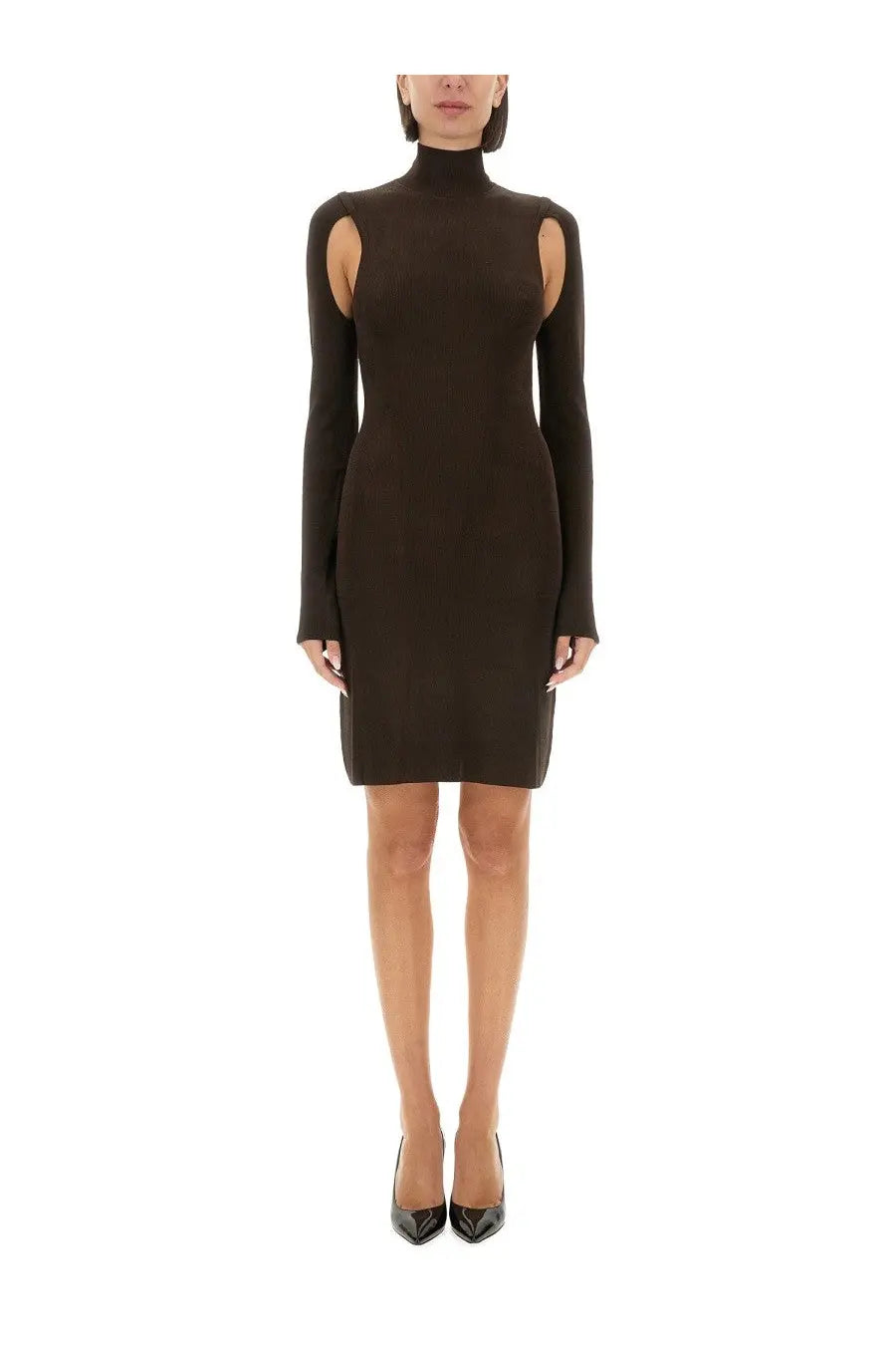 Helmut Lang women’s brown air turtleneck dress with long sleeves and cut-out shoulder details