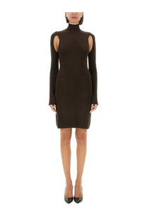 Helmut Lang women’s brown air turtleneck dress with long sleeves and cut-out shoulder details