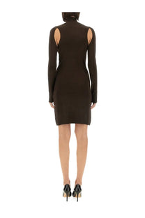 Helmut Lang women’s brown long-sleeved air turtleneck dress with cut-out shoulder details in sleek design