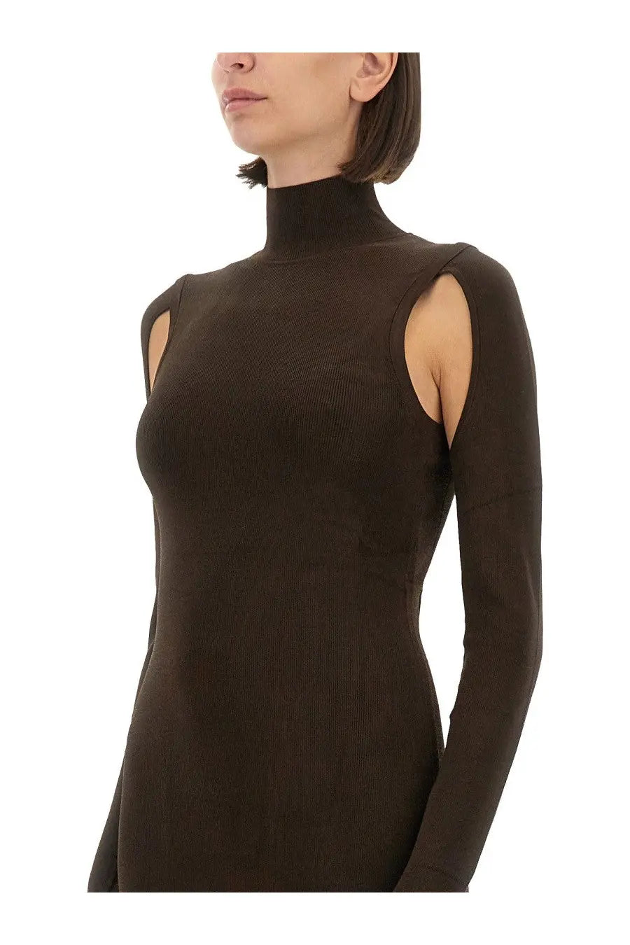 Helmut Lang women’s air turtleneck dress in brown ribbed knit with high neckline and shoulder cutouts