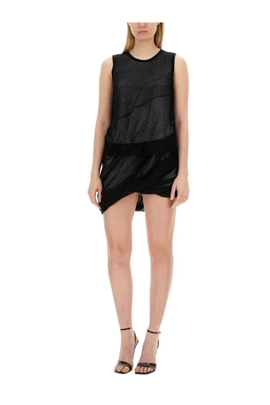 Helmut Lang women’s black sleeveless dress with sheer layered fabric and high-waisted asymmetrical hemline