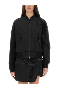 Helmut Lang women’s black bomber MA1 jacket with multiple pockets and zipper details in a sleek nylon material