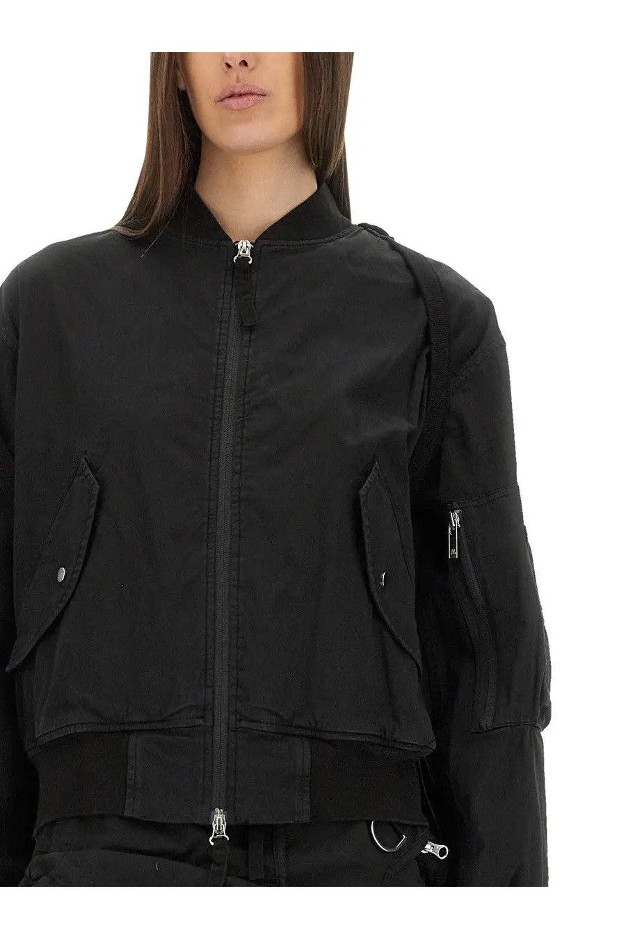 Helmut Lang women’s bomber ma1 black jacket with silver zippers and snap buttons in sleek nylon material