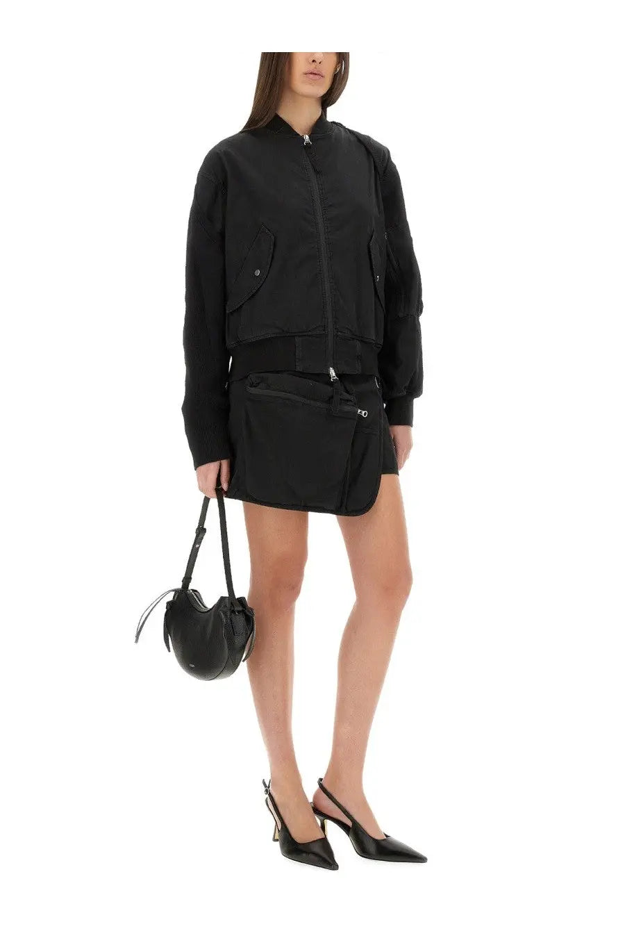 Black leather bucket bag with drawstring closure and thin shoulder strap from helmut lang womens bomber ma1 black collection