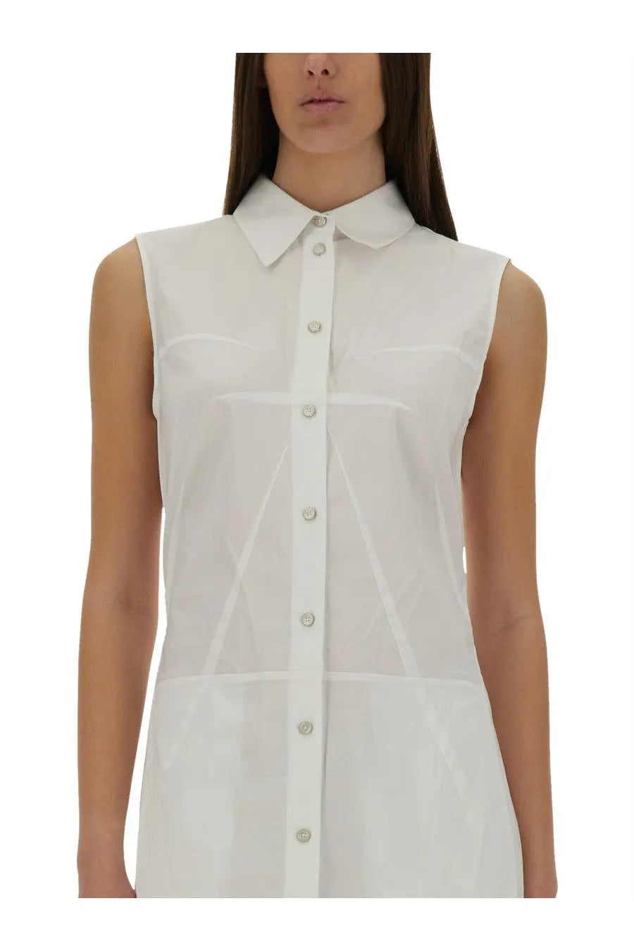 Helmut lang women’s bustier white sleeveless button-down shirt dress with classic collar and subtle diagonal seams