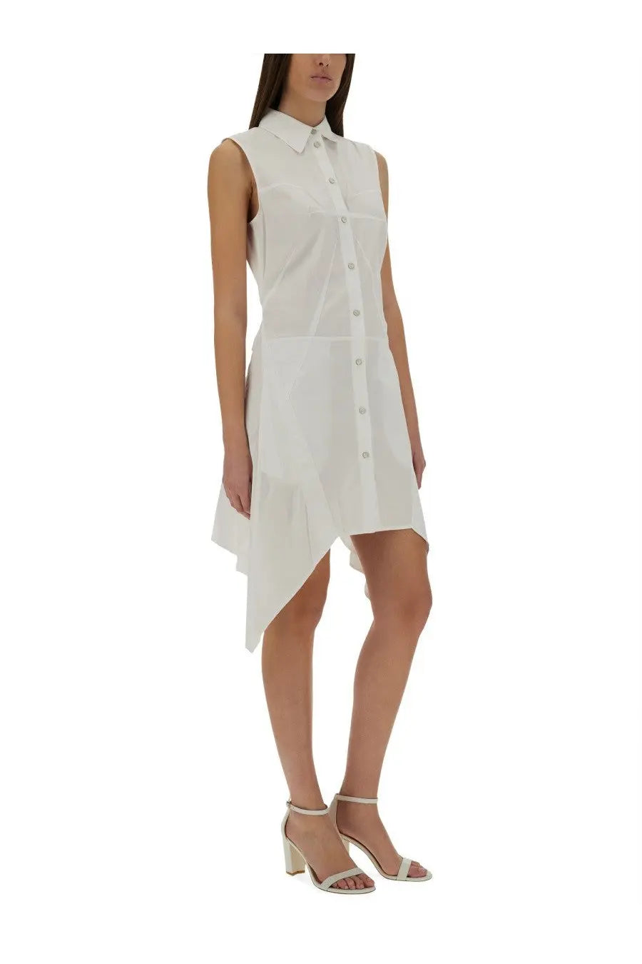 Helmut lang women’s white sleeveless bustier shirt dress with buttons and asymmetrical hemline