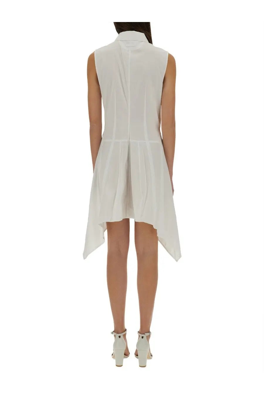 Helmut Lang women’s bustier shirt dress white sleeveless high-low design with collar and subtle pleating on back view