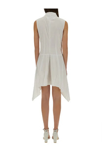 Helmut Lang women’s bustier shirt dress white sleeveless high-low design with collar and subtle pleating on back view