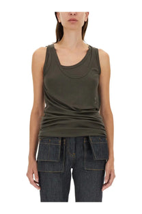 Olive green sleeveless tank top with relaxed fit and subtle ruching at neckline in helmut lang womens camisole dress