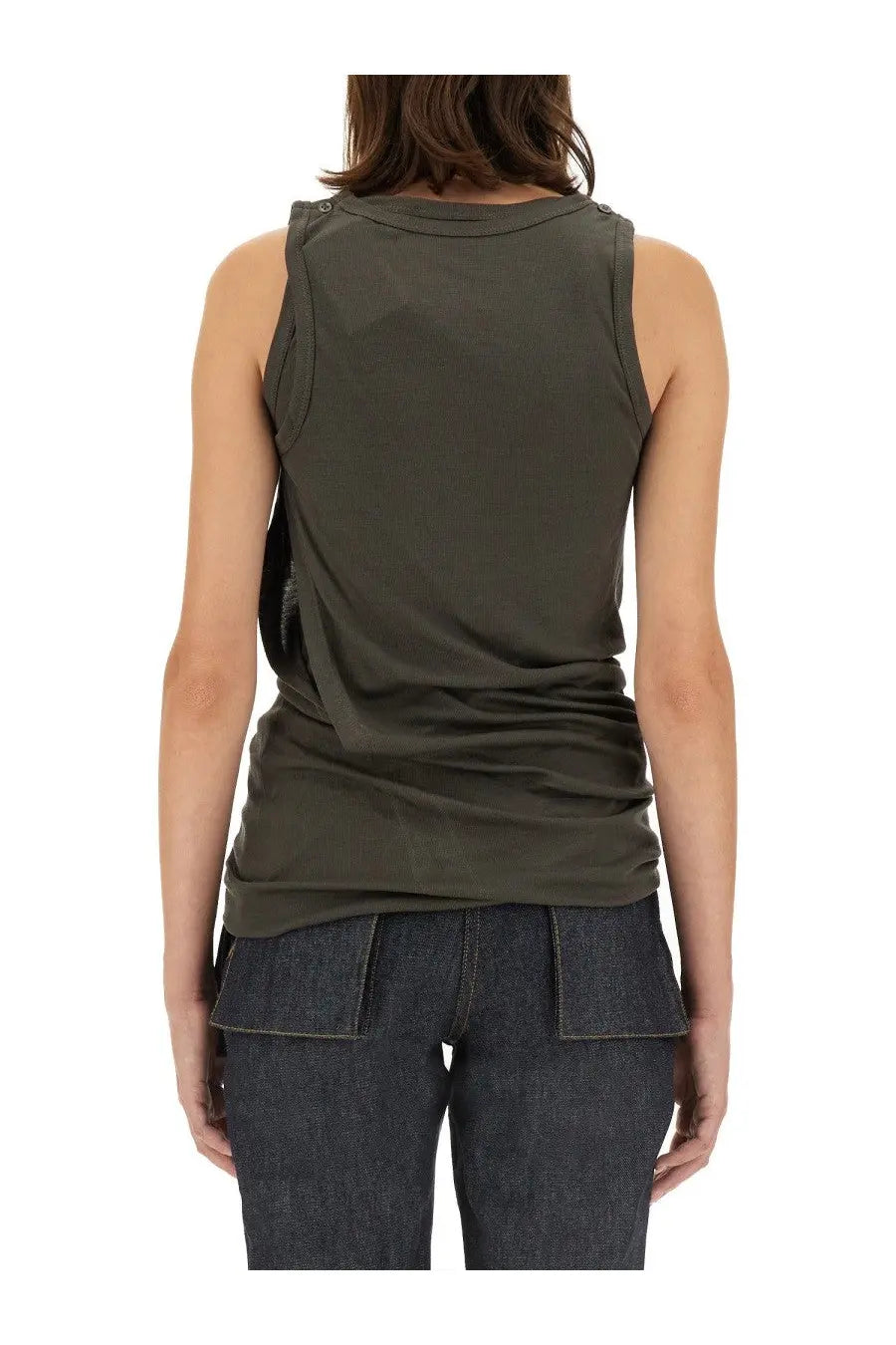 Olive green sleeveless top with relaxed fit and subtle ruching along the back shown on helmut lang womens convertible camisole dress gray