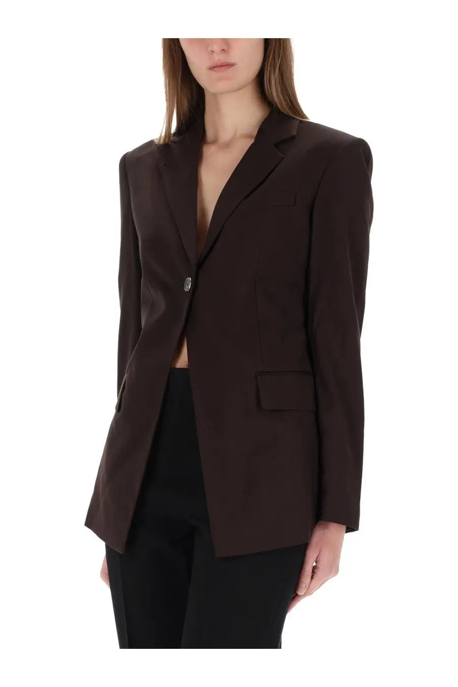 Helmut Lang women’s cutaway blazer in dark brown with a structured silhouette and subtle sheen