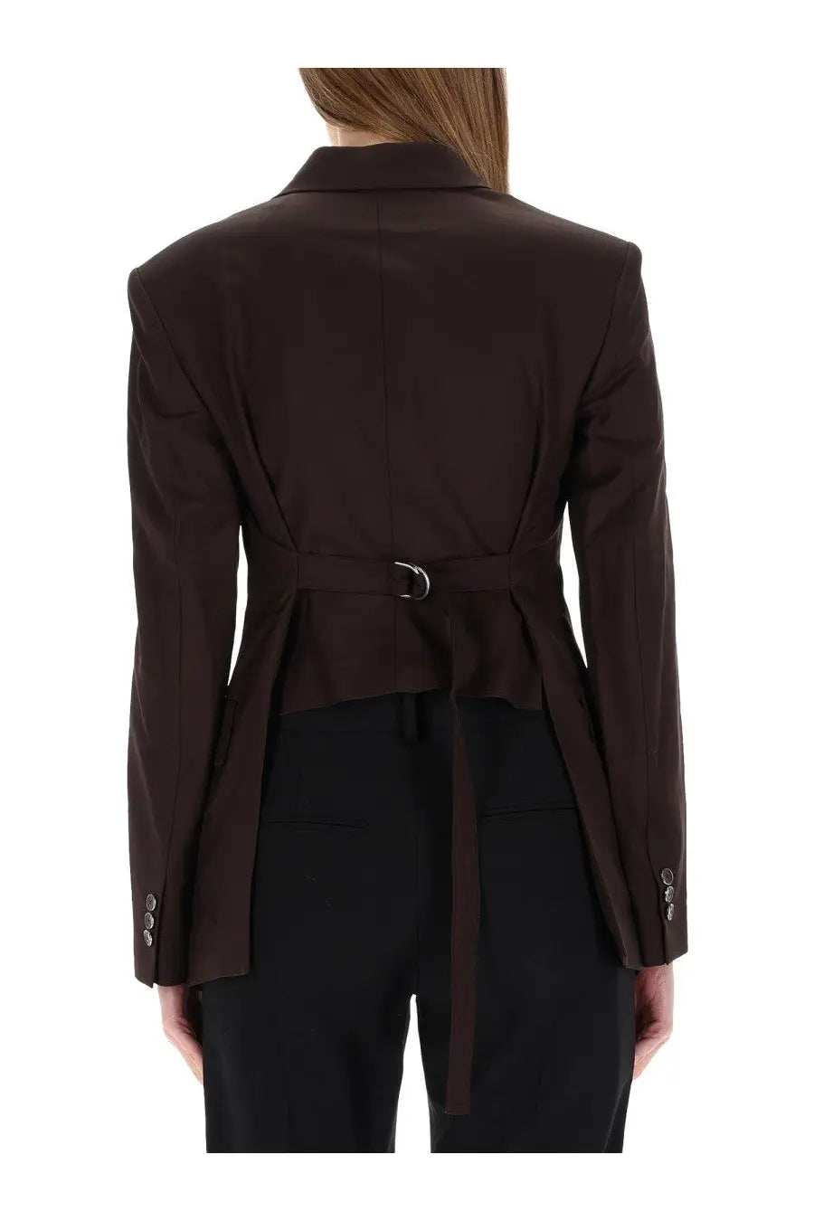 Helmut Lang women’s brown structured blazer with belted waist and tailored fit in dark brown wool blend material