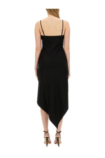 Helmut lang women’s black satin midi dress with thin spaghetti straps and asymmetrical hemline