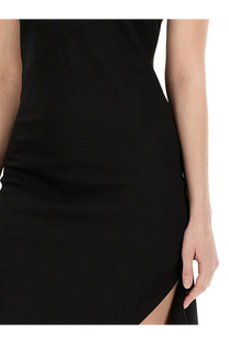 Helmut lang women’s black satin slip dress with high slit featuring sleek and elegant design for evening wear