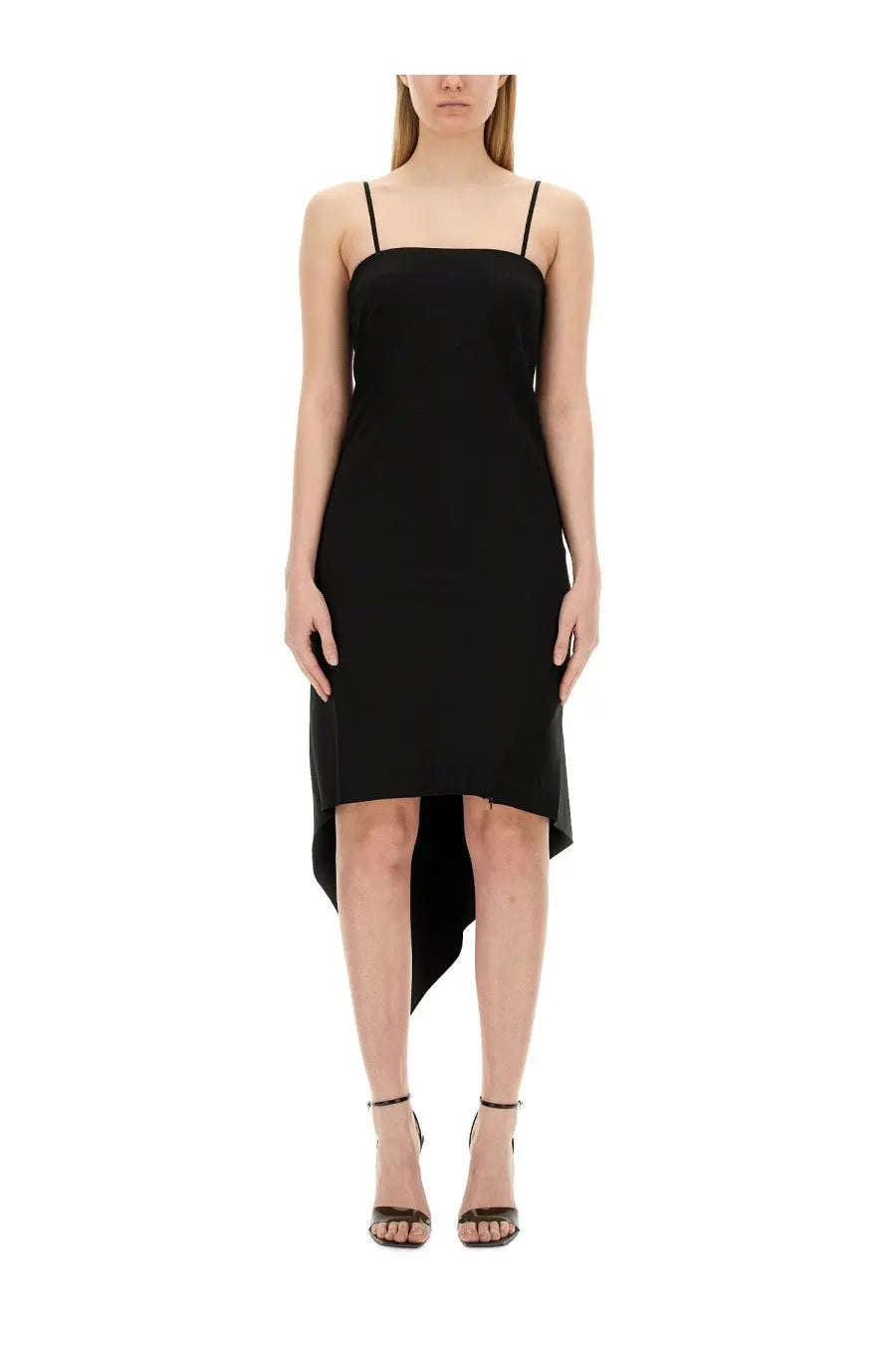 Helmut lang women’s black sleeveless midi dress with thin spaghetti straps and high-low hemline for elegant wear