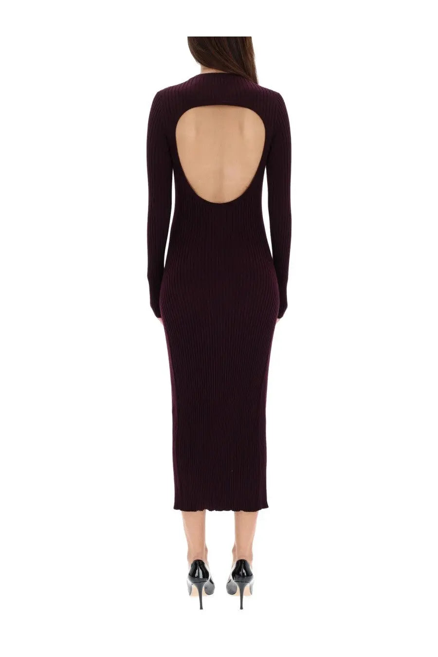 Back view of helmut lang women’s deep burgundy ribbed knit midi dress with long sleeves and large open back cutout