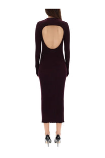Back view of helmut lang women’s deep burgundy ribbed knit midi dress with long sleeves and large open back cutout